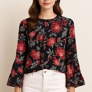 LOFT Black Red Floral Long Sleeve Blouse Size L